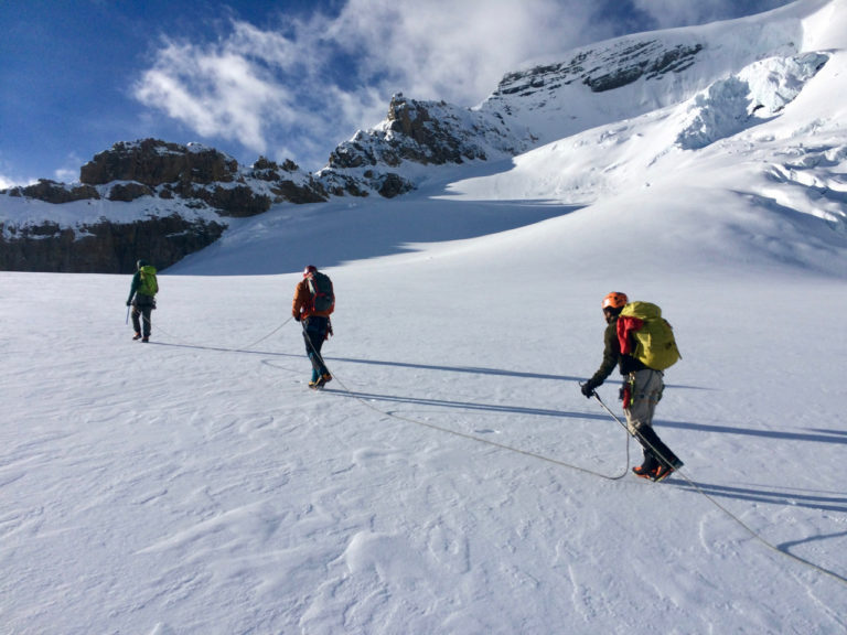 Crossing a glacier on Mt Athabasca during a mountaineering course