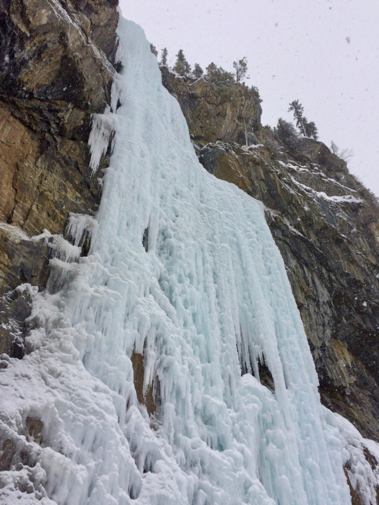 Steep ice on the crux of Carlsberg Column ice climb.