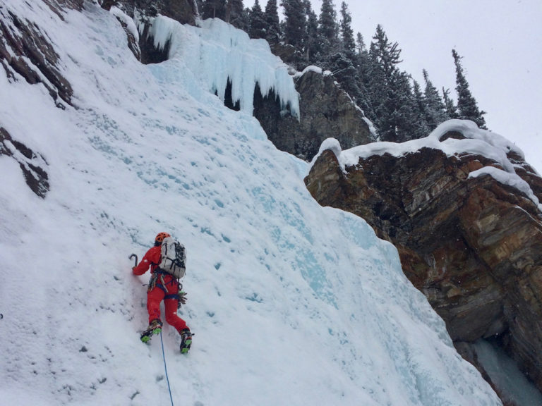 Climbing the first pitch of Lake Louise Falls ice climb