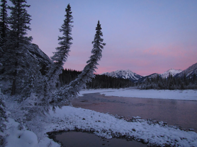 Dawn over the Bow River in winter