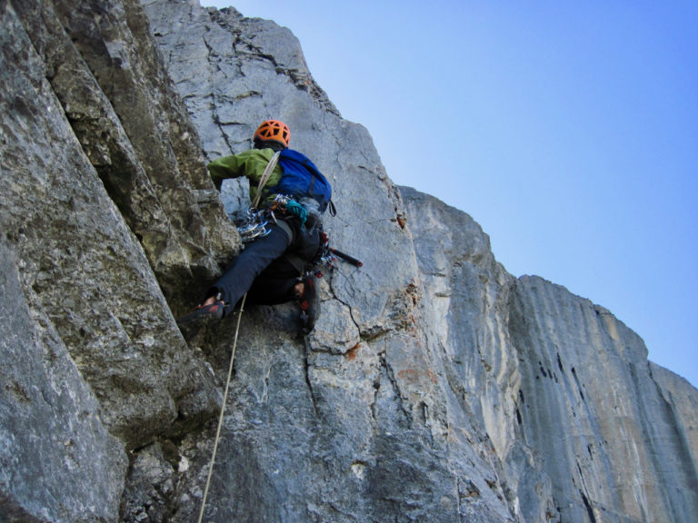 Multipitch trad climbing during a rock skills course