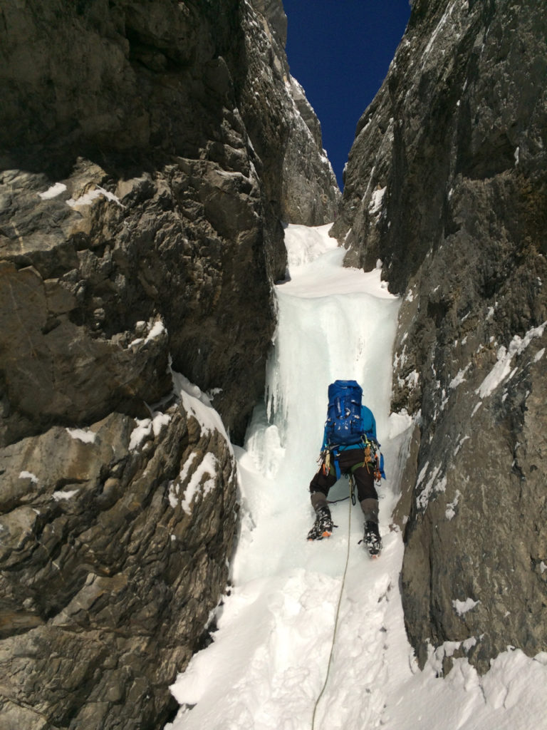 Crux ice section on Rogan's Gully ice climb in Banff, Alberta