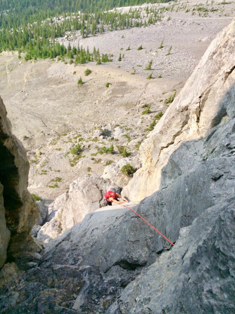 The crux pitch of rock climbing on Mt Yamnuska's Grillmair's Chimneys